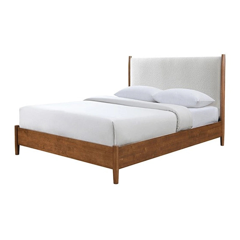 Lit Queen Size, Tête de Lit Rembourrée en Bouclette Beige, Bois Massif Noyer Marron