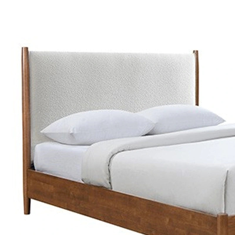 Lit Queen Size, Tête de Lit Rembourrée en Bouclette Beige, Bois Massif Noyer Marron