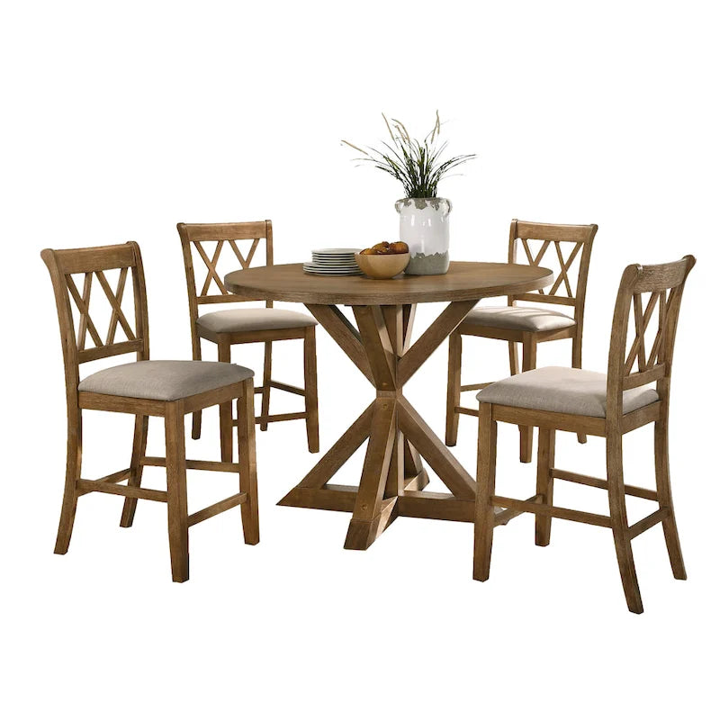Table de salle à manger hauteur comptoir, table de cuisine ronde 5 pièces avec table ronde et 4 chaises de salle à manger rembourrées