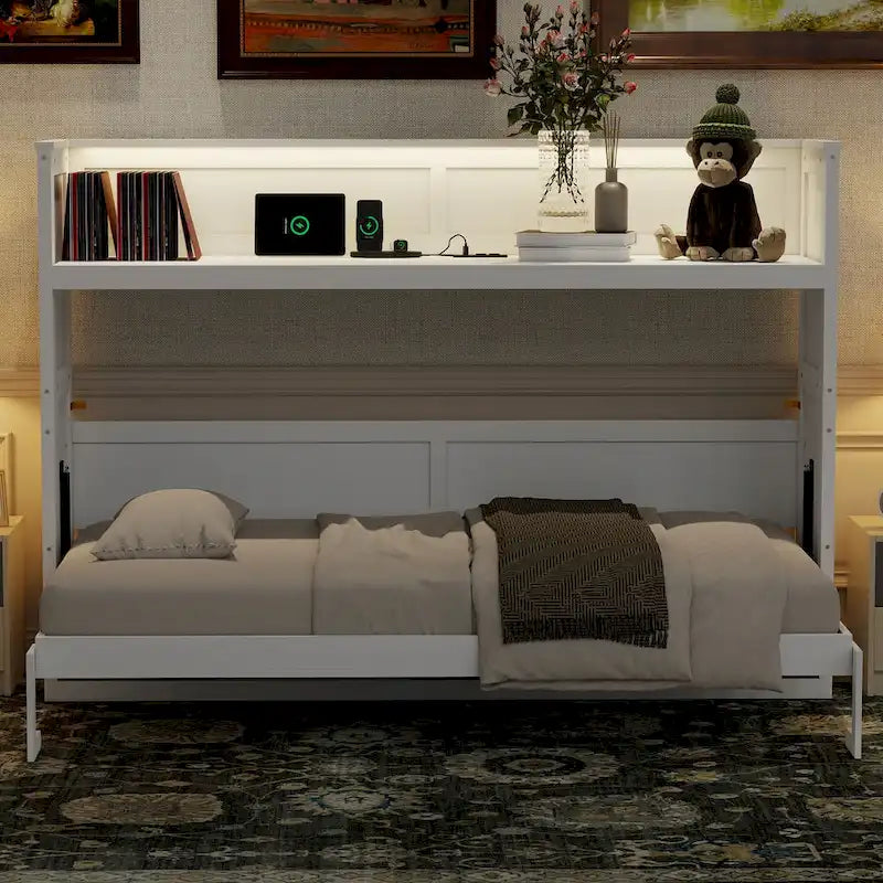 Lit escamotable Twin XL avec bureau et lumière LED, cadre en bois massif avec station de recharge USB, pour petits espaces et bureaux à domicile
