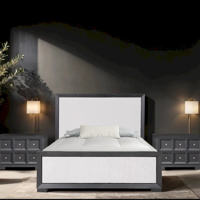 Lit capitonné en tissu et bois massif, style classique moderne