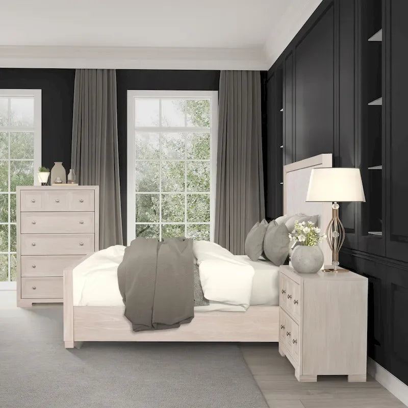 Lit capitonné en tissu et bois massif, style classique moderne