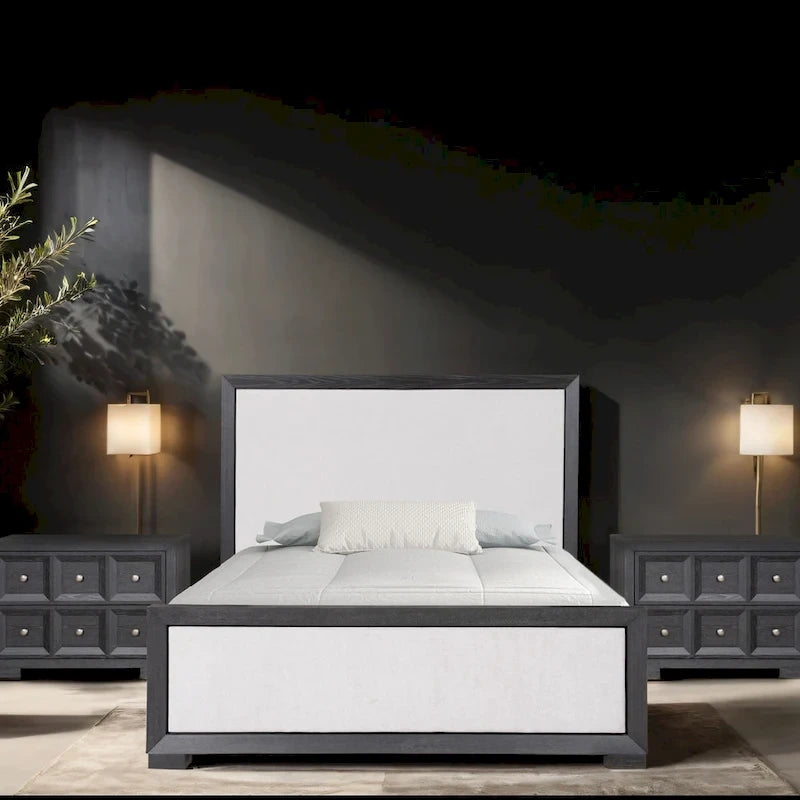 Lit capitonné en tissu et bois massif, style classique moderne