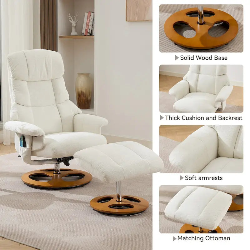 Fauteuil de massage inclinable pivotant à 360° avec ottoman, massage et siège chauffant