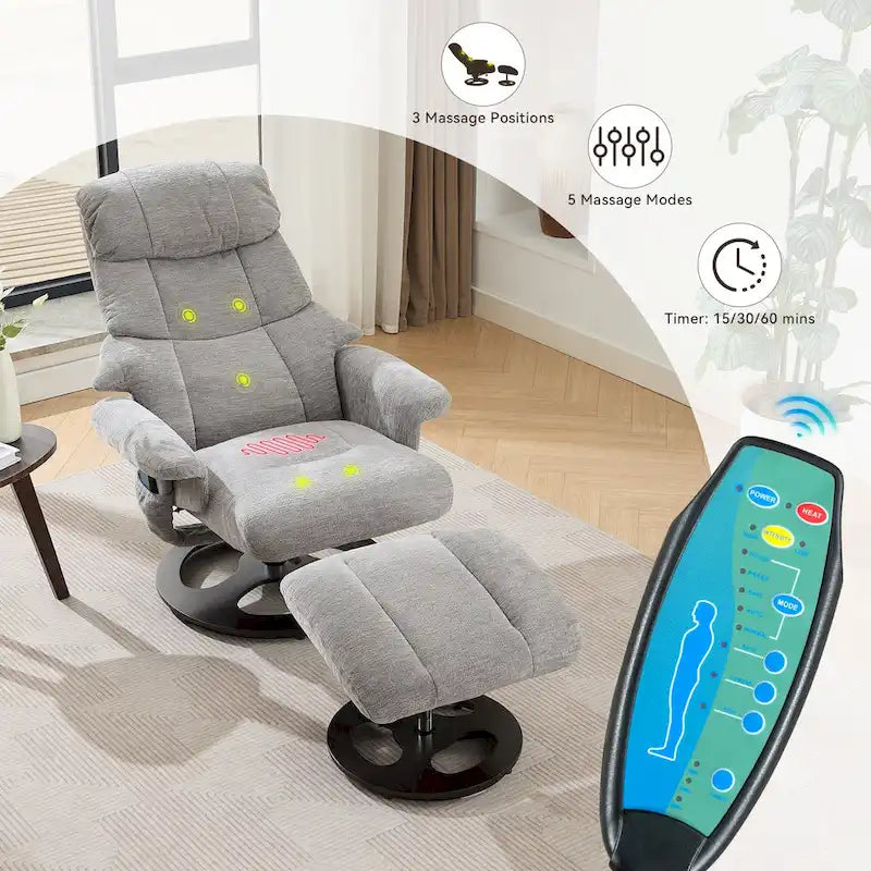 Fauteuil de massage inclinable pivotant à 360° avec ottoman, massage et siège chauffant