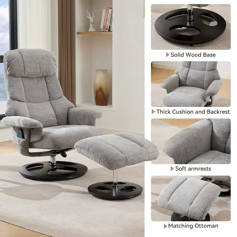 Fauteuil de massage inclinable pivotant à 360° avec ottoman, massage et siège chauffant