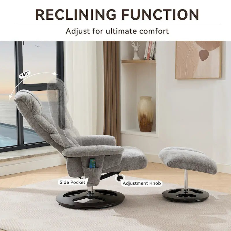 Fauteuil de massage inclinable pivotant à 360° avec ottoman, massage et siège chauffant