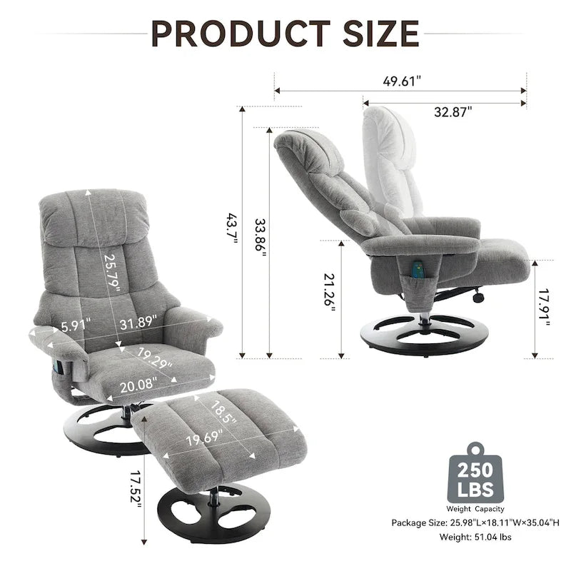 Fauteuil de massage inclinable pivotant à 360° avec ottoman, massage et siège chauffant