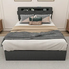 Lit plateforme queen size gris foncé avec 4 tiroirs de rangement, USB et lumières LED