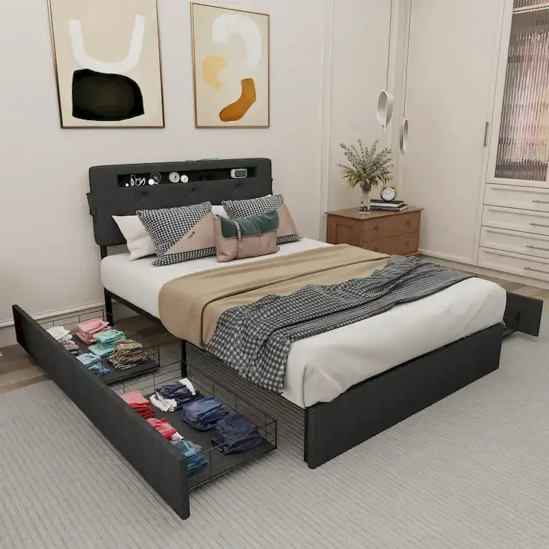 Lit plateforme queen size gris foncé avec 4 tiroirs de rangement, USB et lumières LED