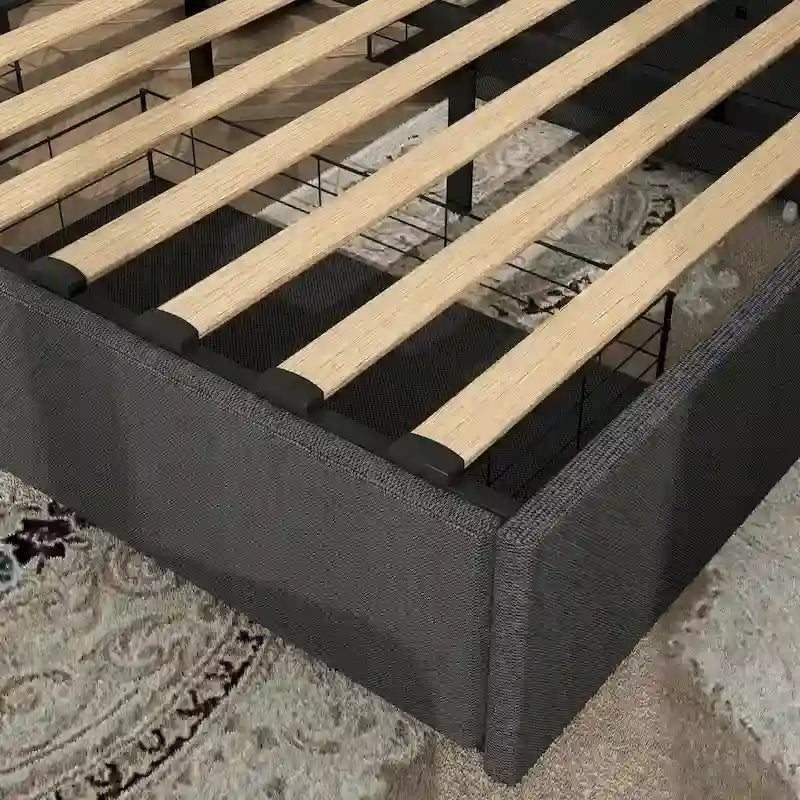 Lit plateforme queen size gris foncé avec 4 tiroirs de rangement, USB et lumières LED
