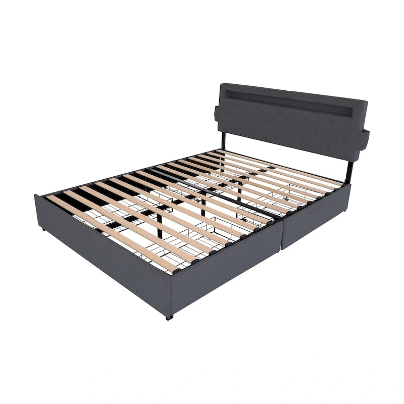 Lit plateforme queen size gris foncé avec 4 tiroirs de rangement, USB et lumières LED