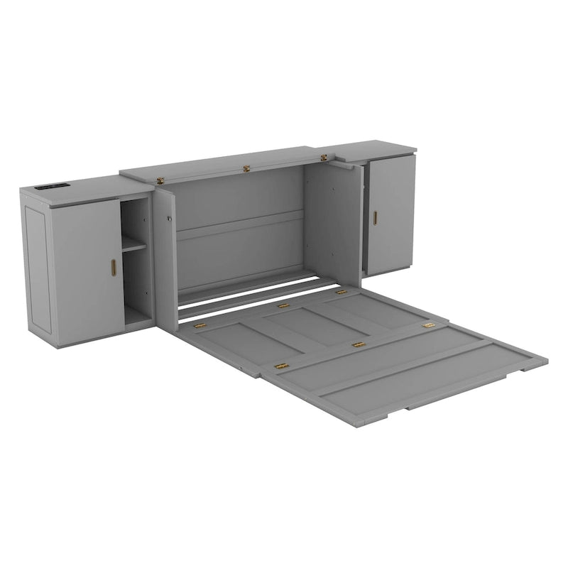 Lit escamotable gris pleine grandeur avec étagères, armoires et ports de chargement USB