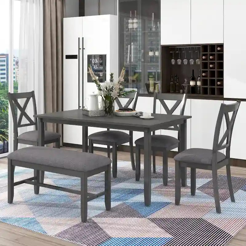 Table à manger traditionnelle grise en bois, 6 pièces, avec 4 chaises rembourrées et un banc