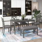 Table à manger traditionnelle grise en bois, 6 pièces, avec 4 chaises rembourrées et un banc