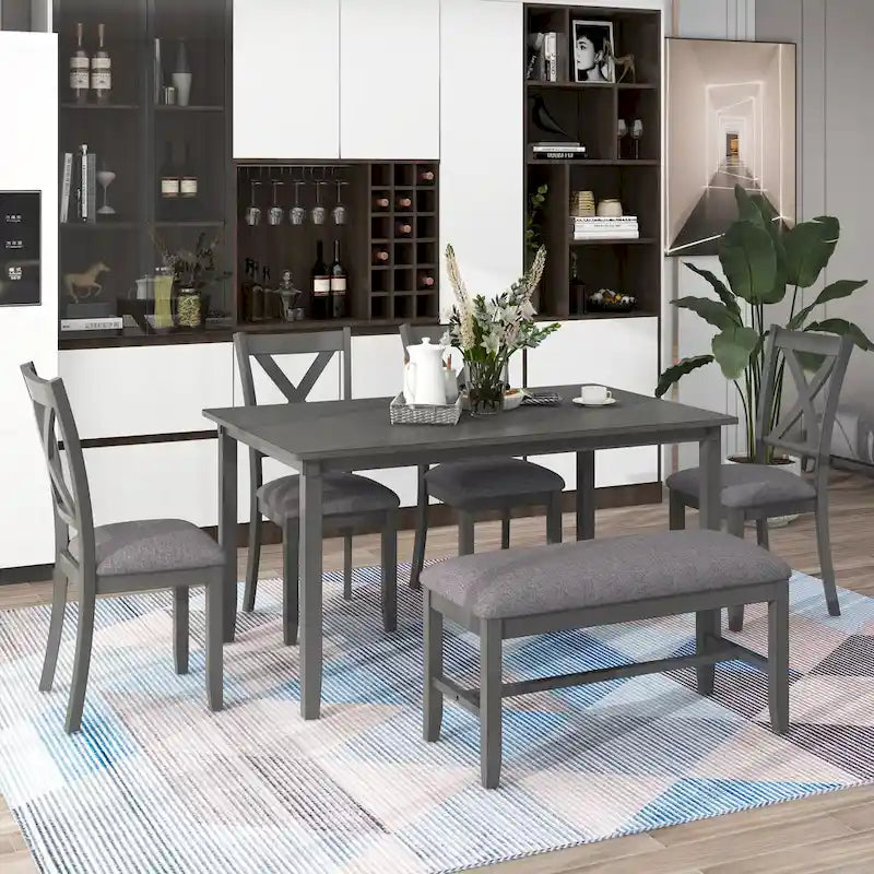 Table à manger traditionnelle grise en bois, 6 pièces, avec 4 chaises rembourrées et un banc