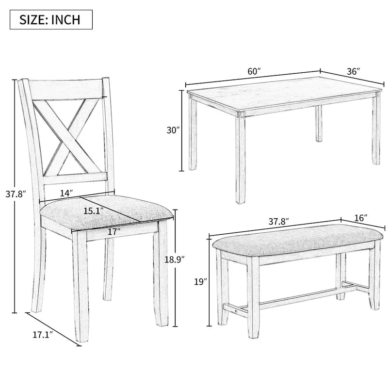 Table à manger traditionnelle grise en bois, 6 pièces, avec 4 chaises rembourrées et un banc