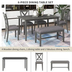 Table à manger traditionnelle grise en bois, 6 pièces, avec 4 chaises rembourrées et un banc