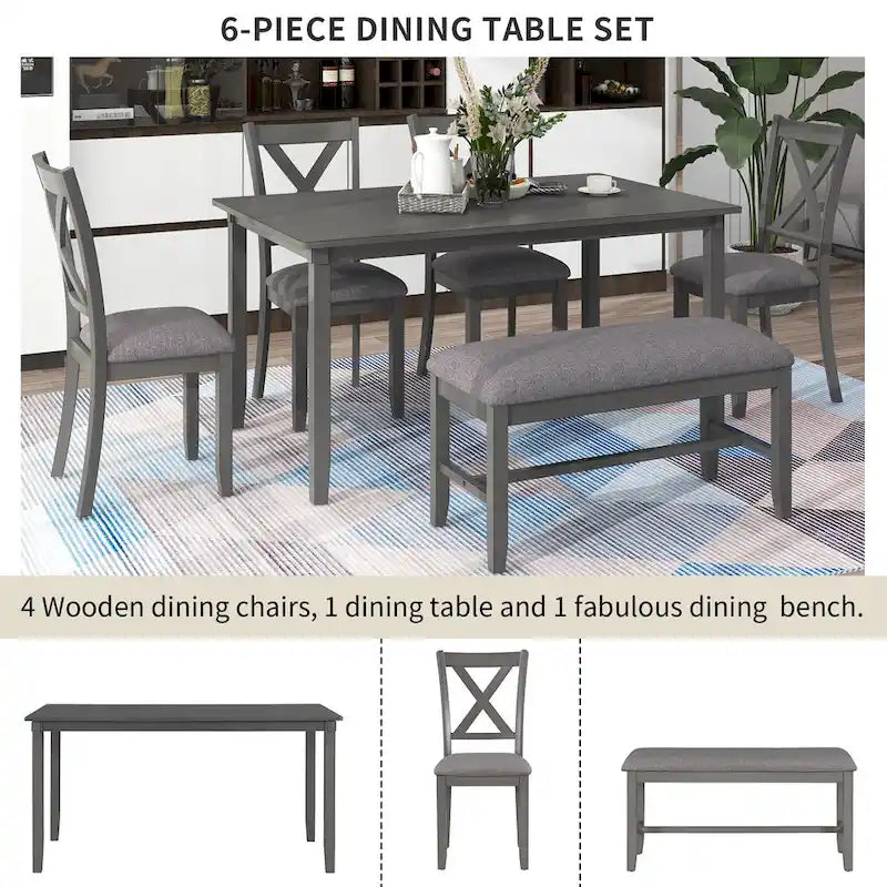 Table à manger traditionnelle grise en bois, 6 pièces, avec 4 chaises rembourrées et un banc