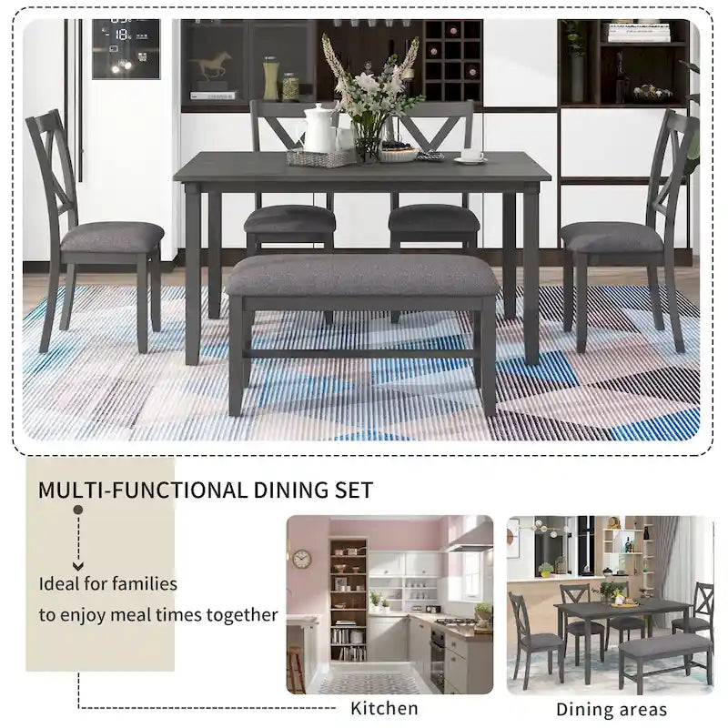 Table à manger traditionnelle grise en bois, 6 pièces, avec 4 chaises rembourrées et un banc