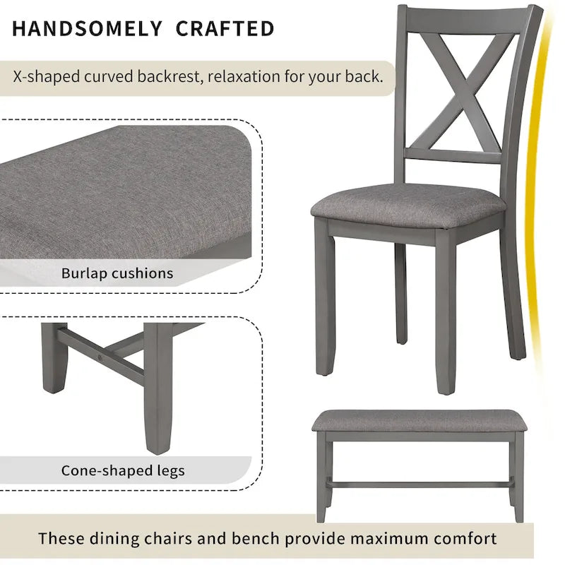 Table à manger traditionnelle grise en bois, 6 pièces, avec 4 chaises rembourrées et un banc
