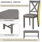 Table à manger traditionnelle grise en bois, 6 pièces, avec 4 chaises rembourrées et un banc