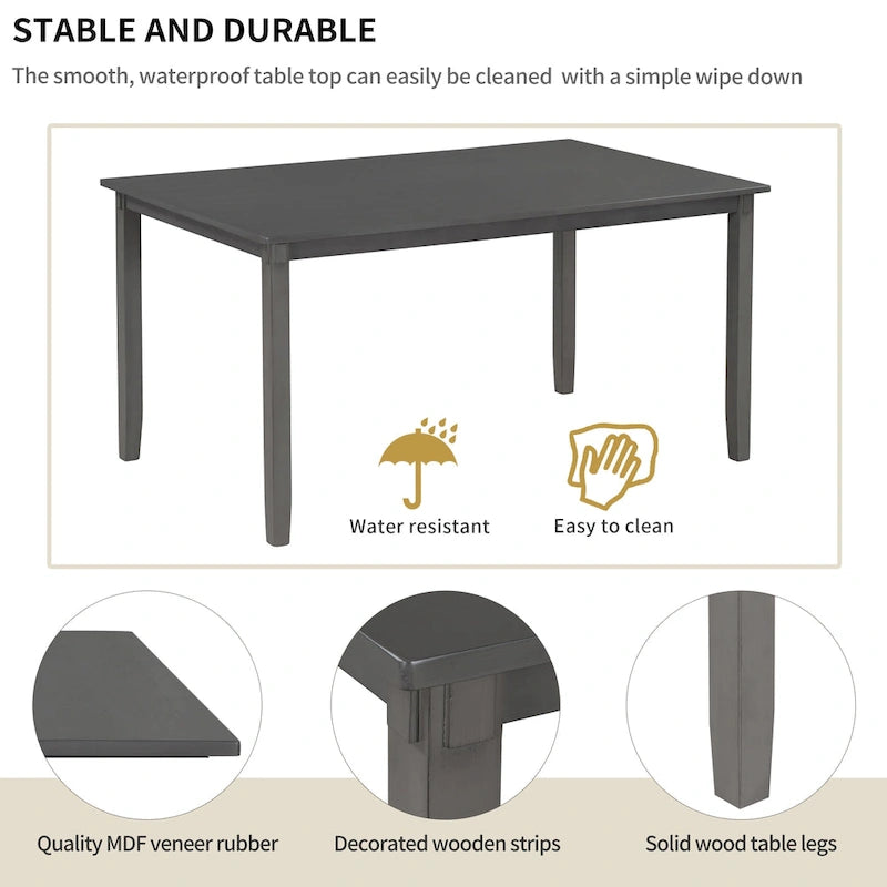 Table à manger traditionnelle grise en bois, 6 pièces, avec 4 chaises rembourrées et un banc