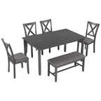 Table à manger traditionnelle grise en bois, 6 pièces, avec 4 chaises rembourrées et un banc