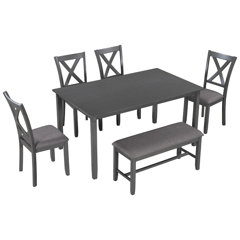 Table à manger traditionnelle grise en bois, 6 pièces, avec 4 chaises rembourrées et un banc