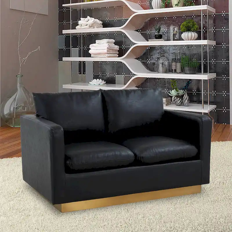 LeisureMod Nervo Modern Leather Loveseat With Gold Base & Cushions - 55.9