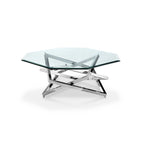 Table basse moderne en métal chromé et verre