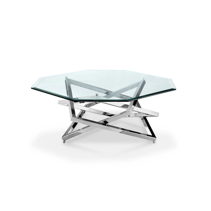 Table basse moderne en métal chromé et verre