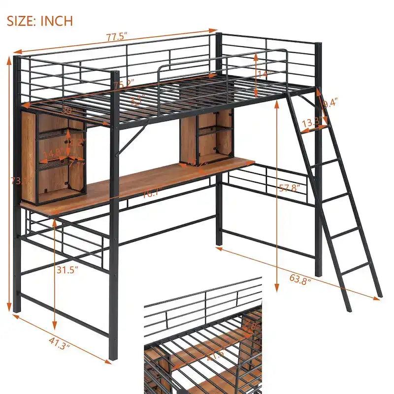 Lit mezzanine simple avec bureau et étagère, lit mezzanine avec échelle, simple, noir