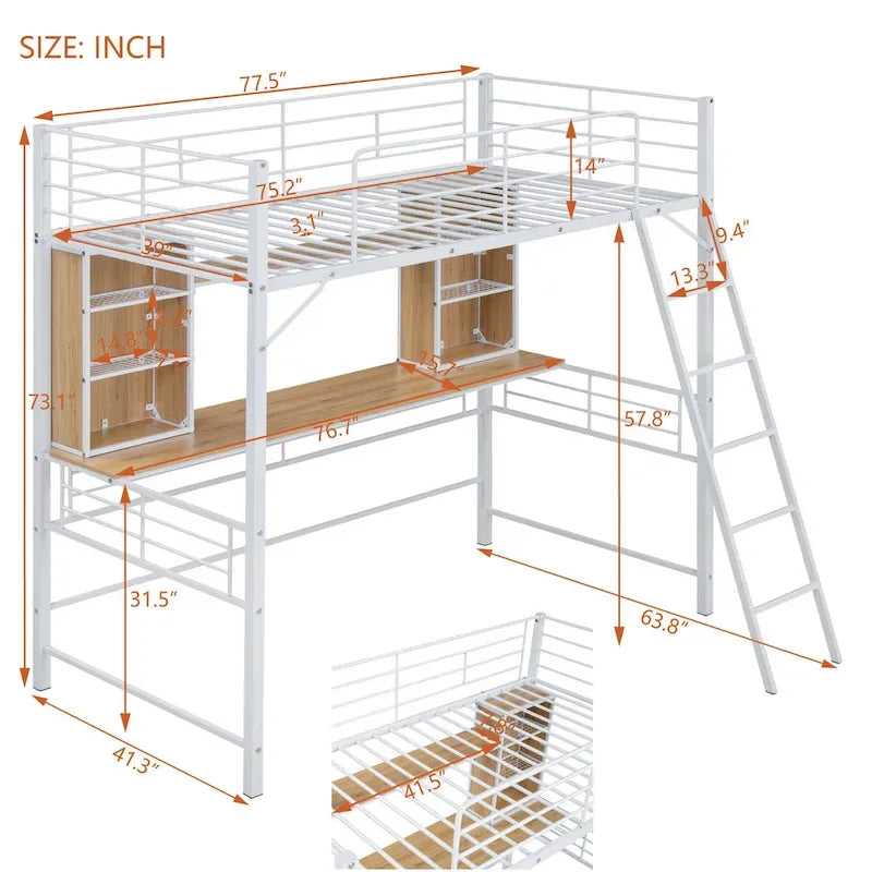 Lit mezzanine simple avec bureau et étagère, lit mezzanine avec échelle, simple, noir
