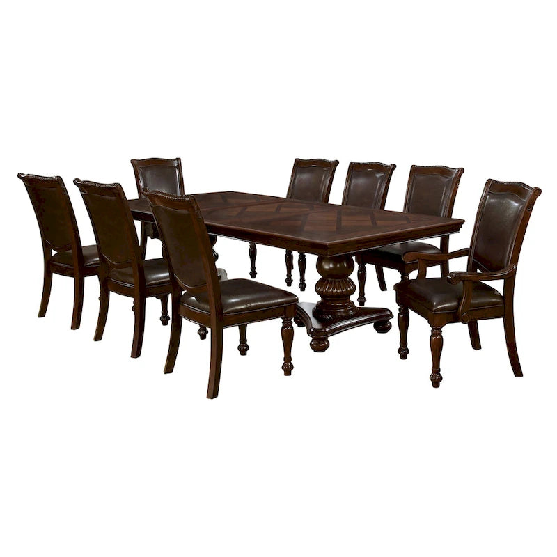 Salle à manger formelle 9 pièces Madzharovo en similicuir marron cerise traditionnel