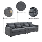 Canapé moderne en tissu de lin capitonné avec console, 4 oreillers, porte-gobelets, USB