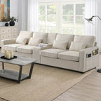 Canapé moderne en tissu de lin capitonné avec console, 4 oreillers, porte-gobelets, USB