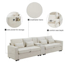 Canapé moderne en tissu de lin capitonné avec console, 4 oreillers, porte-gobelets, USB