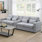 Canapé moderne en tissu de lin capitonné avec console, 4 oreillers, porte-gobelets, USB
