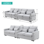 Canapé moderne en tissu de lin capitonné avec console, 4 oreillers, porte-gobelets, USB
