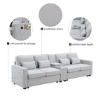 Canapé moderne en tissu de lin capitonné avec console, 4 oreillers, porte-gobelets, USB