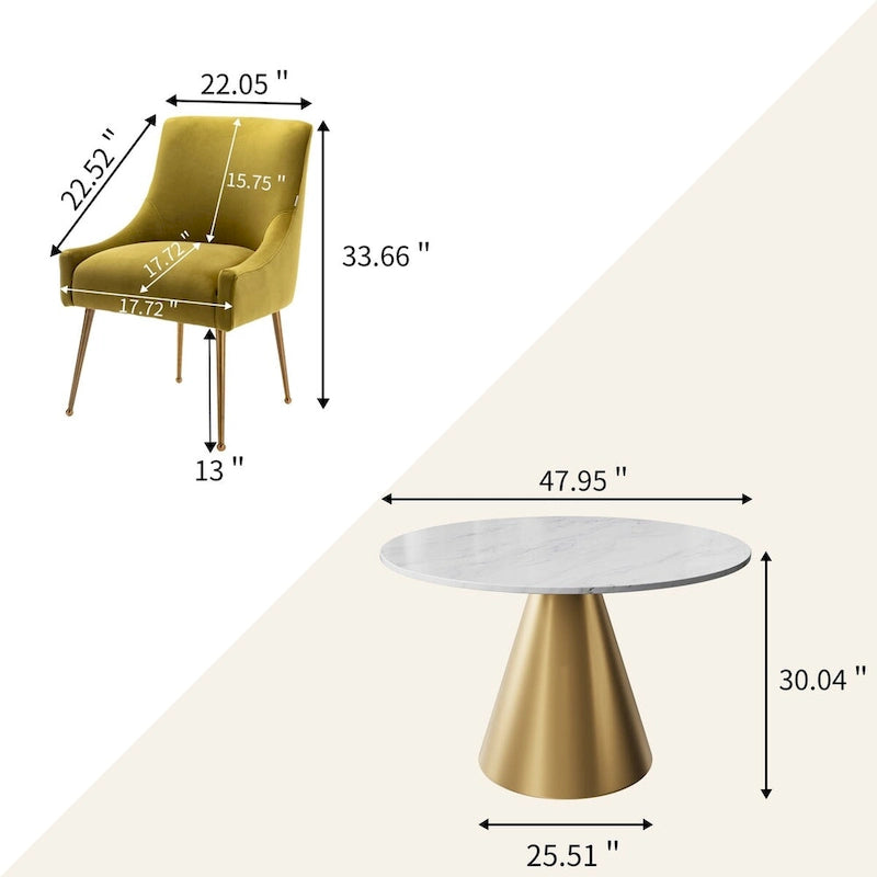 Table à manger en métal avec plateau en marbre 48 po et chaise de salle à manger en velours