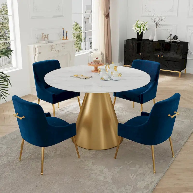 Table à manger en métal avec plateau en marbre 48 po et chaise de salle à manger en velours