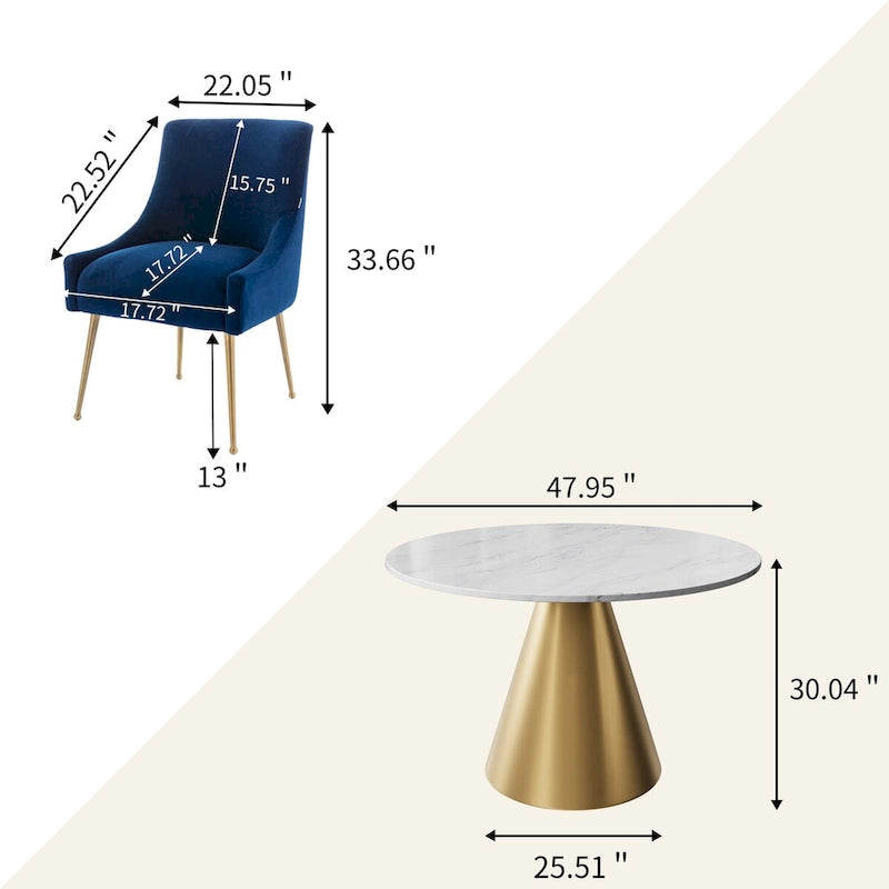 Table à manger en métal avec plateau en marbre 48 po et chaise de salle à manger en velours