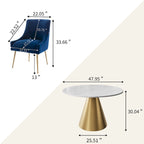 Table à manger en métal avec plateau en marbre 48 po et chaise de salle à manger en velours