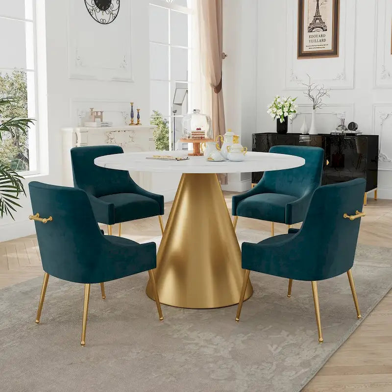 Table à manger en métal avec plateau en marbre 48 po et chaise de salle à manger en velours