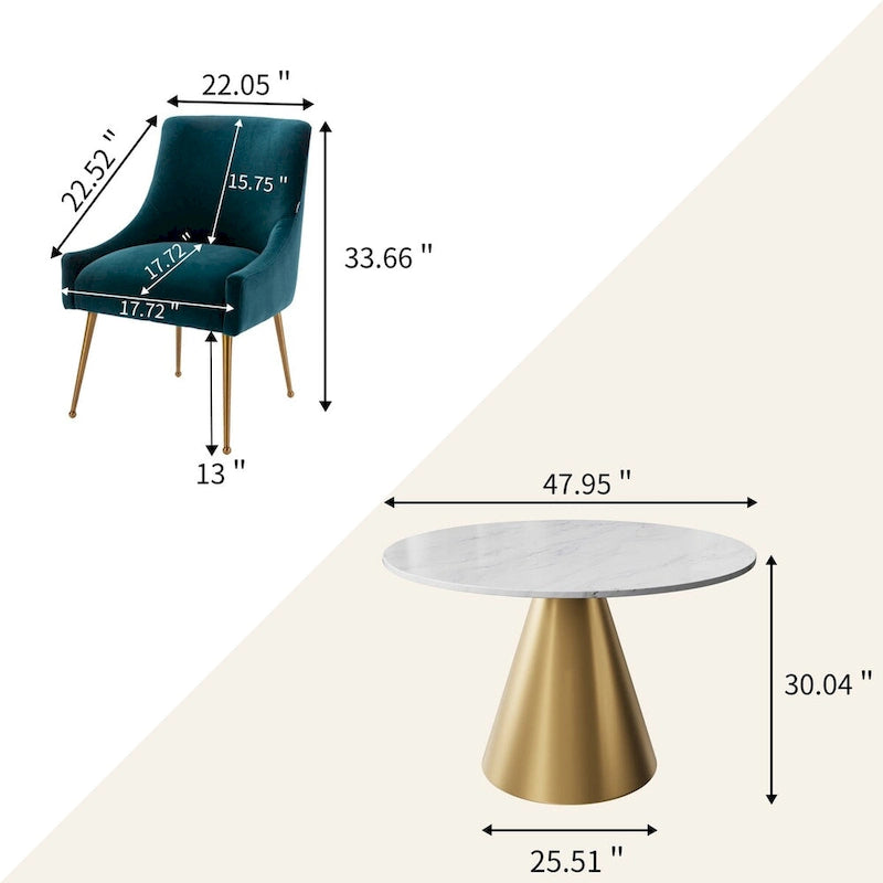 Table à manger en métal avec plateau en marbre 48 po et chaise de salle à manger en velours