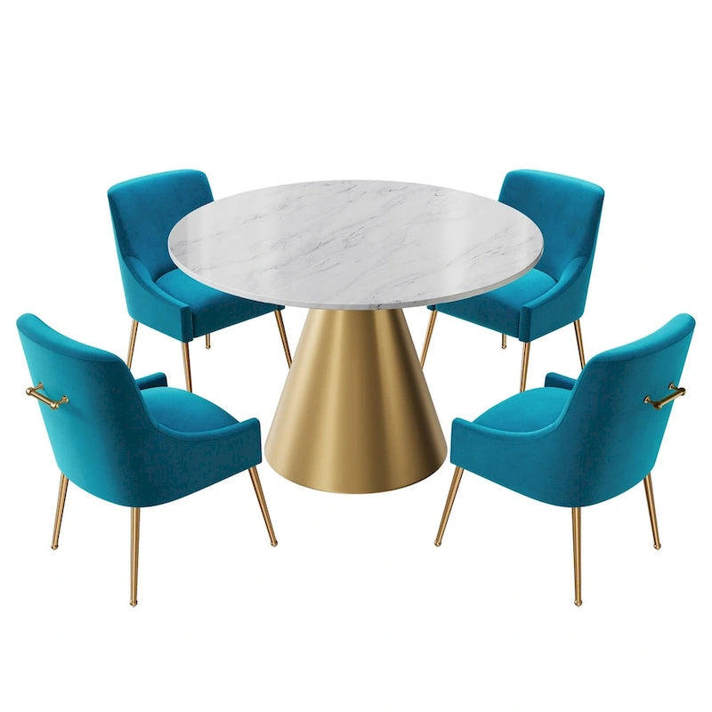 Table à manger en métal avec plateau en marbre 48 po et chaise de salle à manger en velours