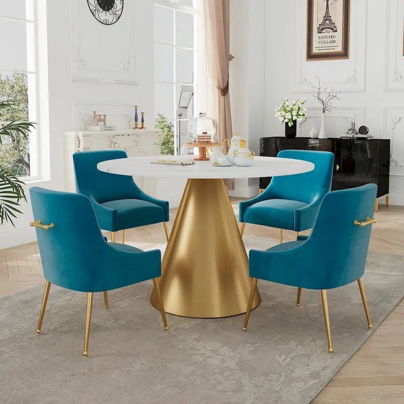Table à manger en métal avec plateau en marbre 48 po et chaise de salle à manger en velours