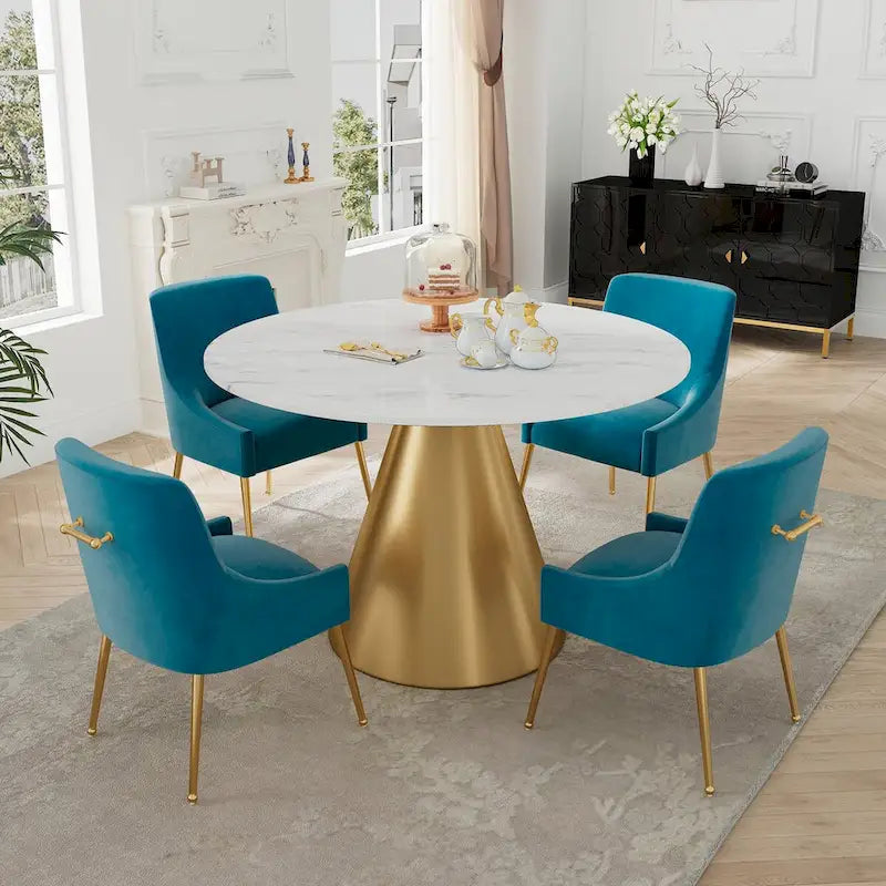 Table à manger en métal avec plateau en marbre 48 po et chaise de salle à manger en velours